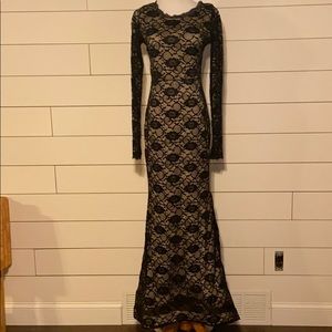Long Sleeve, Open Back Black Lace Mermaid Gown